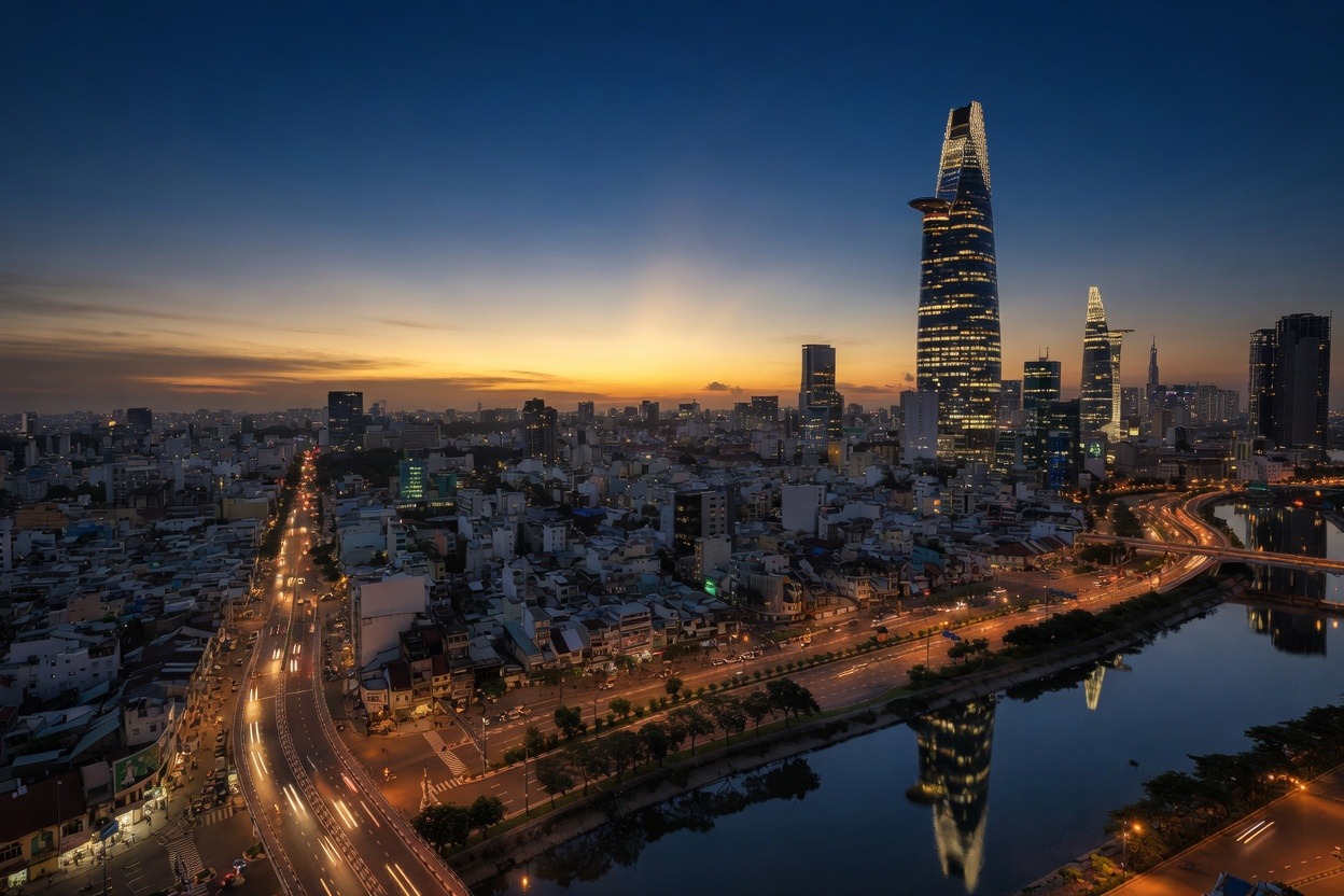 MKA Summerset Rivergate Residence에서 본 비텍스코와 운하 블루아워