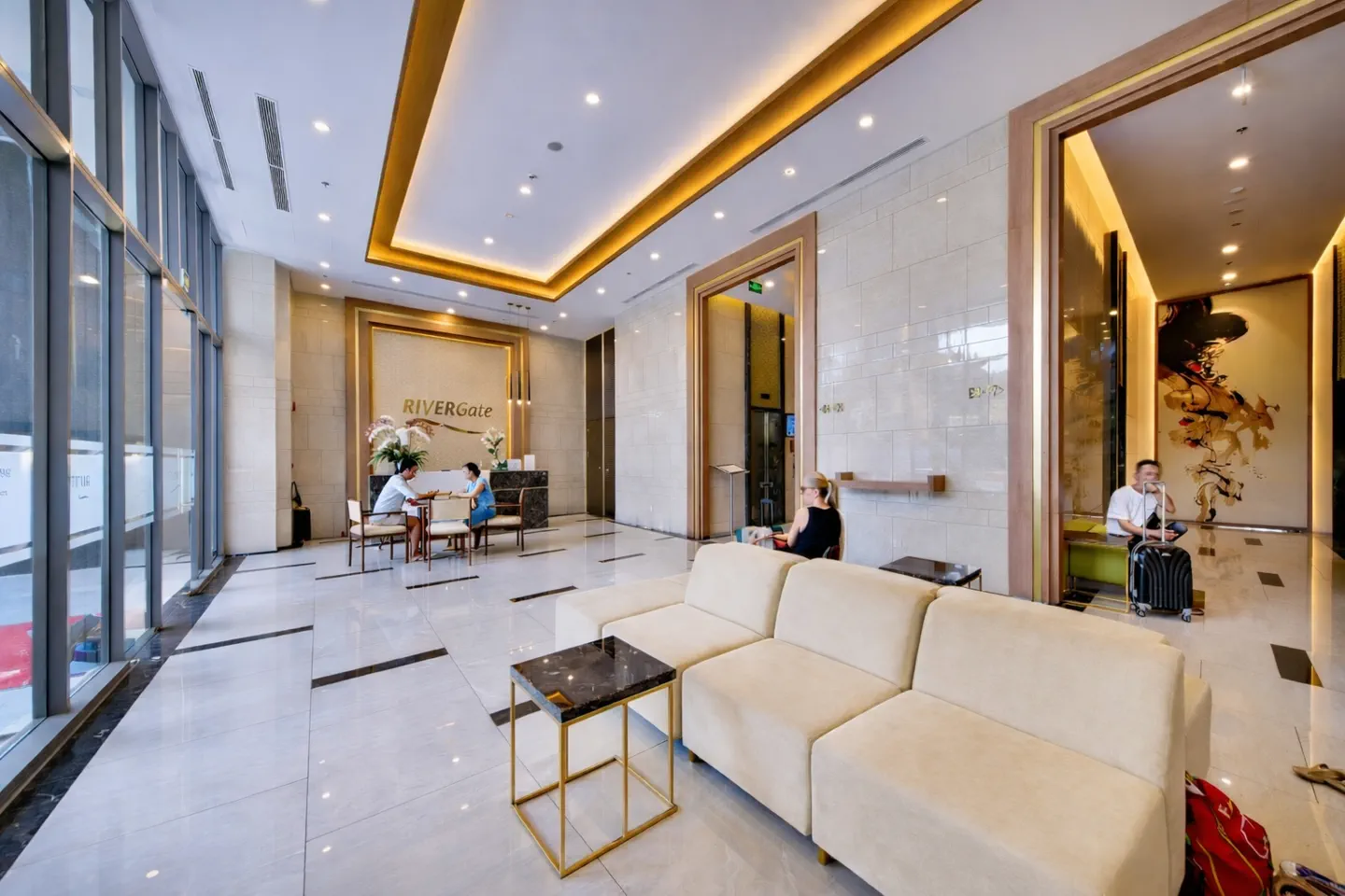 Shared seating area in the RiverGate Residence lobby