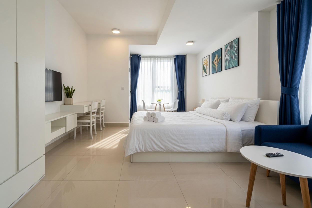 Studio RiverGate sáng thoáng với rèm xanh, giường và góc ngồi nhỏ