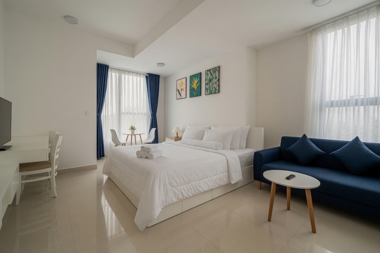 Studio RiverGate với giường trắng, sofa xanh và ánh sáng tự nhiên