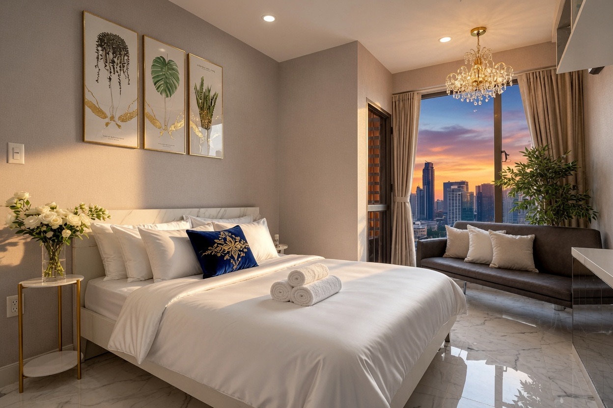 Studio RiverGate với giường khách sạn, góc sofa và view thành phố lúc hoàng hôn